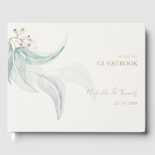 Elegante Eucalyptus Boho Chic Gouden Schrift Gastenboek (Voorkant)