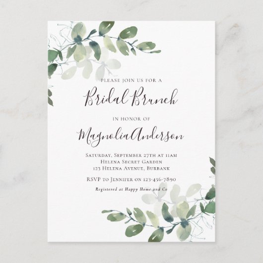 Élégante Eucalyptus Bridal Brunch Invitation Postc (Devant)