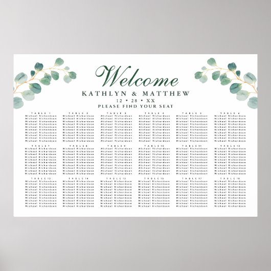 Elegante Eucalyptus Bruiloft 18 Tafel Zitplaatsen Poster (Voorkant)