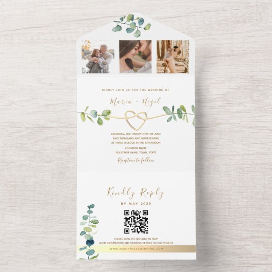 Elegante Eucalyptus bruiloft QR-code All In One Uitnodiging (Binnen)