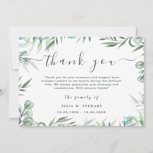 Elegante Eucalyptus Eenvoudige Begrafenis Dank u O Kaart (Voorkant)