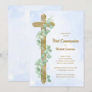Elegante Eucalyptus en Cross Blue Eerste Communie Kaart