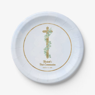 Elegante Eucalyptus en Cross Blue Eerste Communie Papieren Bordje