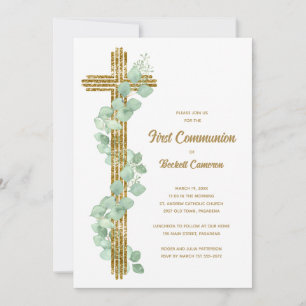 Elegante Eucalyptus en kruis Eerste Communie Kaart