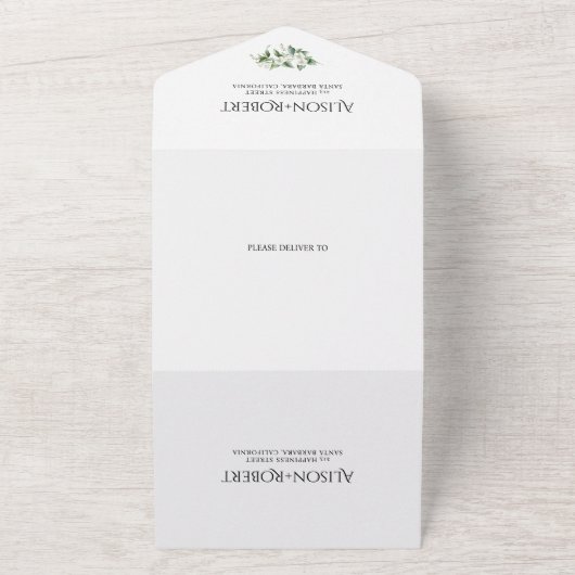Elegante eucalyptus en witte bloemen bruiloft all in one uitnodiging (Buitenkant)