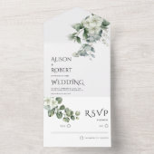 Elegante eucalyptus en witte bloemen bruiloft all in one uitnodiging (Binnen)