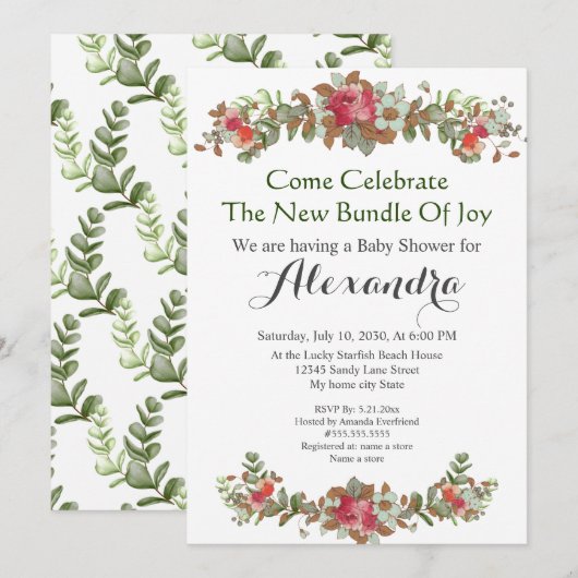 Elégante Eucalyptus Floral Baby shower invitation (Devant / Derrière)