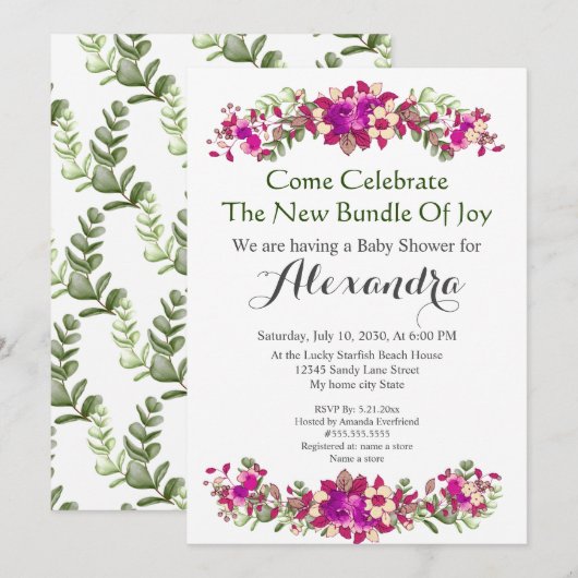Elégante Eucalyptus Floral Baby shower invitation (Devant / Derrière)