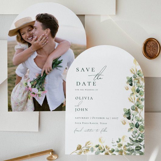 Elegante Eucalyptus Foto Bruiloft Save the Date Kaart