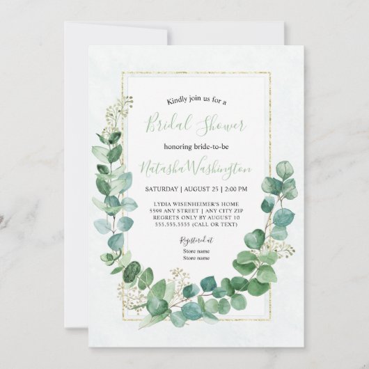 Elégante Eucalyptus Gold Bridal Shower Invitation (Devant)