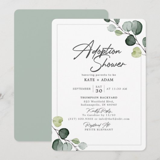 Elegante Eucalyptus Greenery Adoptie Baby shower Kaart (Voorkant / Achterkant)
