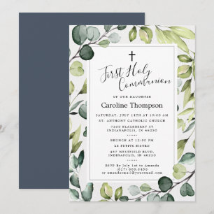 Elegante Eucalyptus Groen Eerste Heilige Communie Kaart