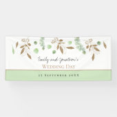 Elegante Eucalyptus Groen Goud Namen Datum Huwelij Spandoek (Horizontaal)