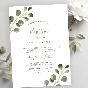 Elegante eucalyptus groen gouden kruis Doop Kaart