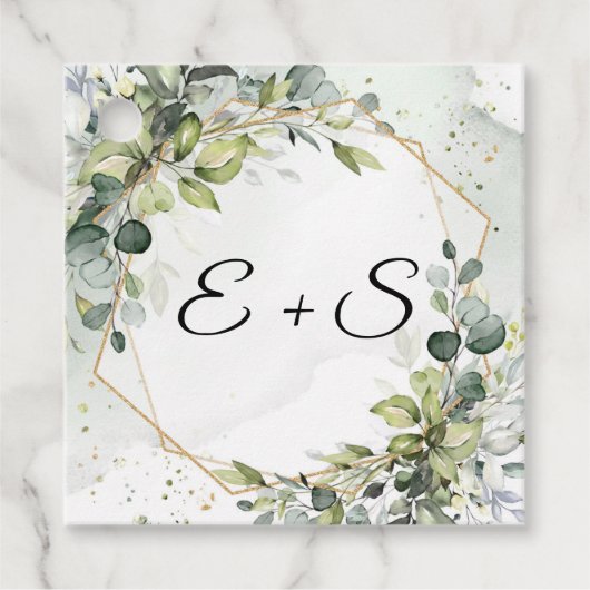 Elegante eucalyptus groen initialen bruiloft bedankjes labels (Voorkant)