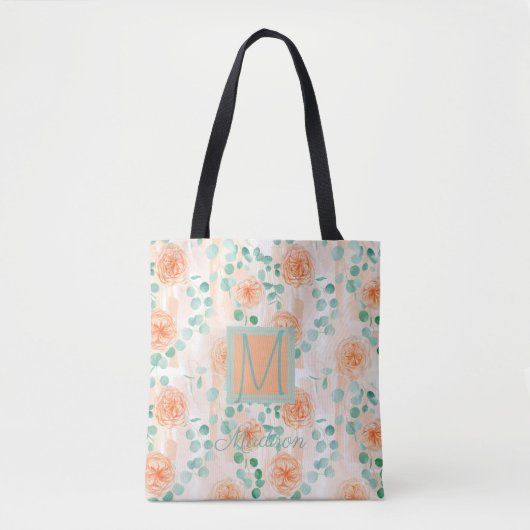 Elegante Eucalyptus Groen Peachy Modieus Monogram Draagtas (Voorkant)