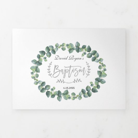 Elegante Eucalyptus Groene Jongens Foto Doop Drieluik Uitnodiging (Cover)