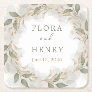 Elegante Eucalyptus Groene Waterverf Bruiloftspapi Vierkante Kartonnen Onderzetter