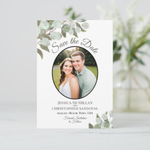 Elegante Eucalyptus Groenelementen & Witte Trouwfo Save The Date