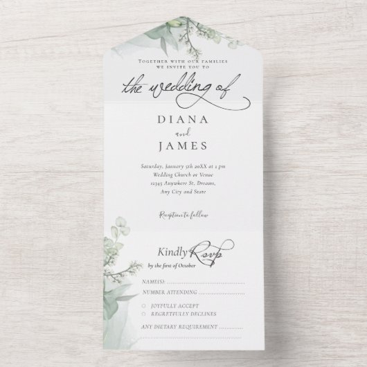 Elegante eucalyptus kalligrafie bruiloft all in one uitnodiging (Binnen)