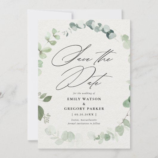 Elegante eucalyptus kalligrafie bruiloft save the date (Voorkant)