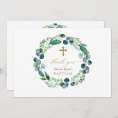 Elegante Eucalyptus Krans Gouden Foto Jongens Doop Bedankkaart (Voorkant / Achterkant)