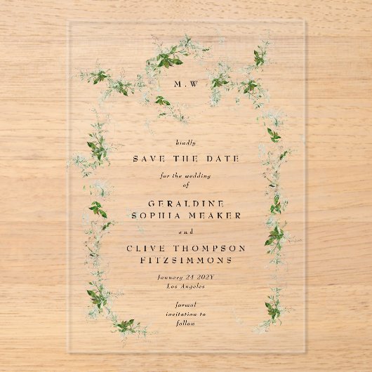 Elegante eucalyptus krans monogram Save the date Acryl Uitnodigingen (Voorkant)