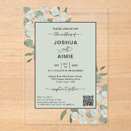 Elegante Eucalyptus moderne QR-code bruiloft Acryl Uitnodigingen (Voorkant)
