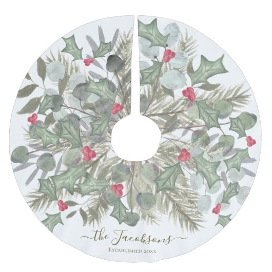 Elegante Eucalyptus Pine en Holly Christmas Kerstboom Rok (Voorkant)