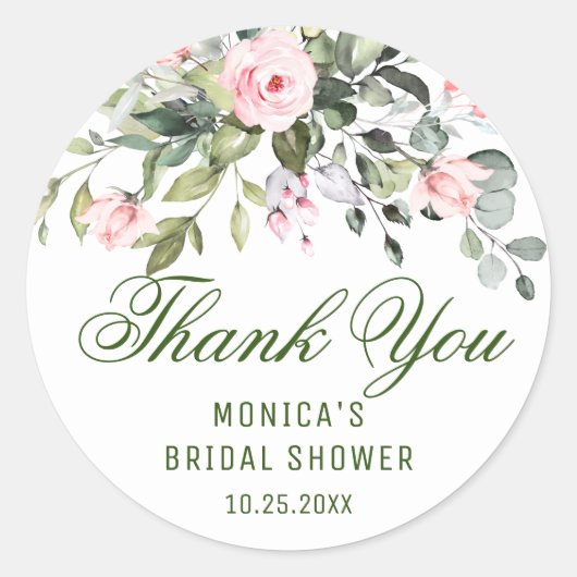 Elegante Eucalyptus Roze Blush Rozen Bedankt Ronde Sticker (Voorkant)