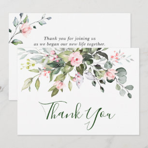 Elegante Eucalyptus Roze Rozen Bloemige Bruiloft Bedankkaart