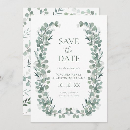 Elegante Eucalyptus Save The Date (Voorkant / Achterkant)