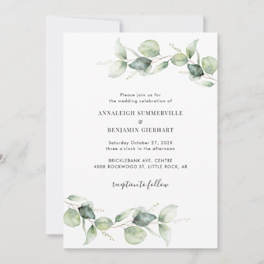 Elegante eucalyptus script bruiloft kaart (Voorkant)