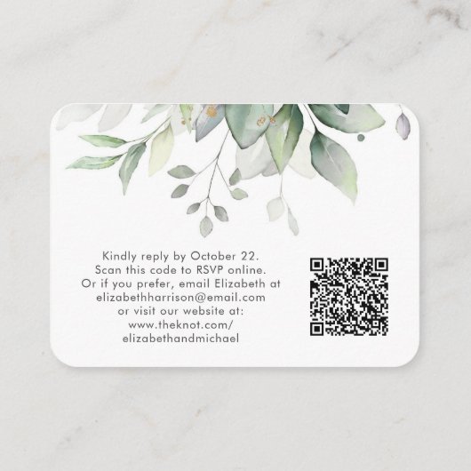 Elegante Eucalyptus Waterverf QR Code Bruiloft RSV Informatiekaartje (Achterkant)