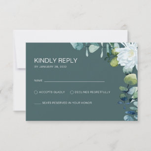 Elegante eucalyptus witte bloemen chic huwelijk RSVP kaartje