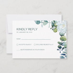 Elegante eucalyptus witte bloemen chique bruiloft RSVP kaartje
