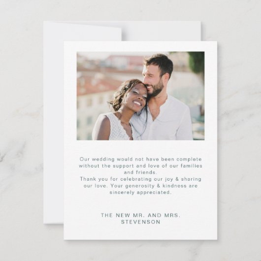 Elegante eucalyptus witte bloemen foto bruiloft bedankkaart (Achterkant)