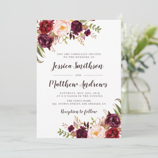 Elégante faire-part de mariage bordeaux (Debout devant)