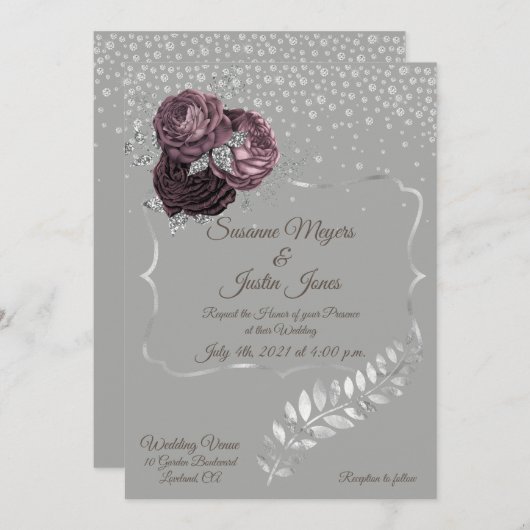 Elégante Faire-part de mariage d'argent et de mauv (Devant / Derrière)