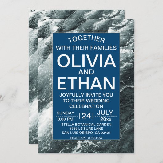 Elégante Faire-part de mariage de vagues bleu océa (Devant / Derrière)