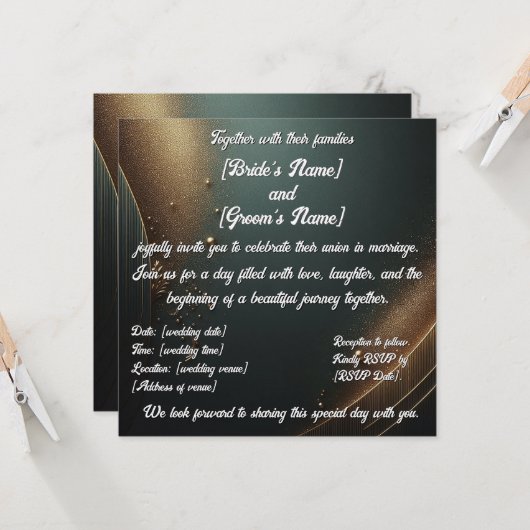 Elégante faire-part de mariage dorée turquoise (Devant/Arrière en situation)