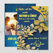 Elégante faire-part de mariage jaune et bleue (Devant / Derrière)