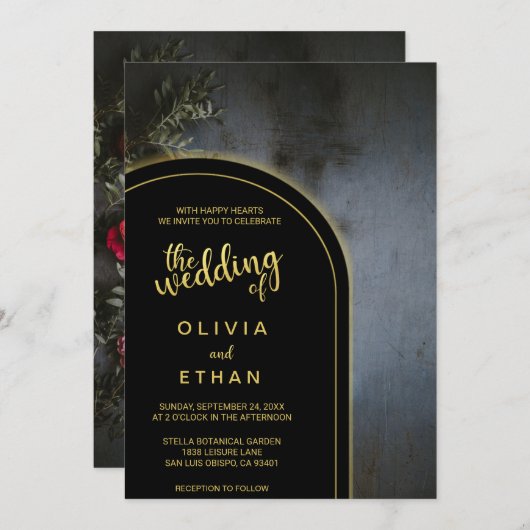 Elégante Faire-part de mariage rustique noir et or (Devant / Derrière)