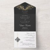 Elegante Fairy Lights Zwart & Goud QR Code Bruilof All In One Uitnodiging (Binnen)