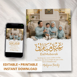 Elegante familiefoto Eid Mubarak gouden Arabische Feestdagenkaart