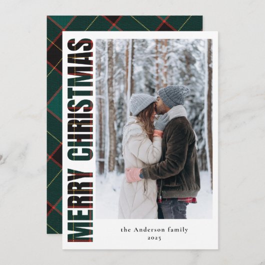 Elegante familiefoto groen geplakt vrolijk kerstfe feestdagenkaart (Voorkant / Achterkant)