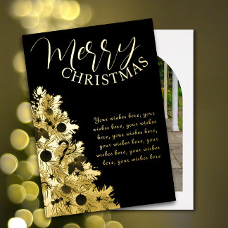 Elegante familiefotocalligrafie boom zwart goud folie feestdagenkaart