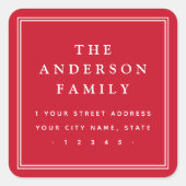 Elegante familienaam border rood retouradres vierkante sticker (Voorkant)