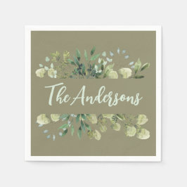 Elegante familienaam botanische bladeren olijfgroe servet