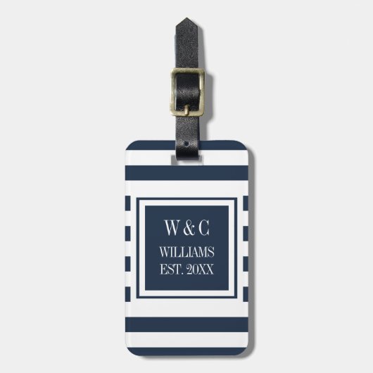 Elegante familienaam met monogram in navyblauw ges bagagelabel (Voorkant verticaal)